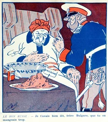 Karikatur, die das gierige Verhalten Bulgariens bei der Aufteilung Mazedoniens während der Balkankriege 1912-13 kritisiert