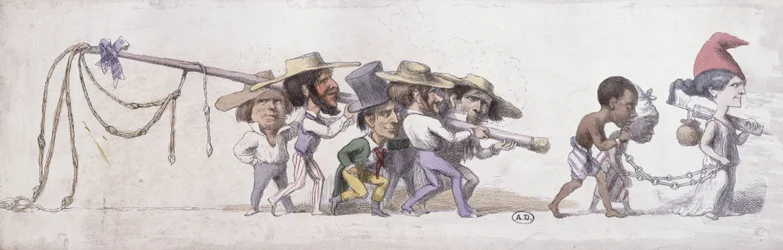 Karikatur, die Frankreich als Sklavenhändler seiner Kolonien darstellt, ca. 1845-48