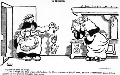 Karikatur über die katastrophalen Auswirkungen der U-Boot-Blockade auf einen Fisch, der auf einem französischen Markt gekauft wurde, aus der April-Ausgabe von La Baionette, 29. März 1917