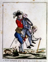 Karikatur auf die Besteuerung vor der Revolution: Klerus und Adel leben auf dem Rücken des Dritten Standes, um 1789