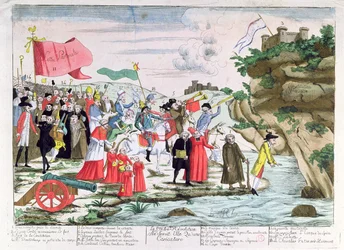 Karikatur, die den französischen Klerus und die Aristokraten verspottet, die während der Revolution nach Deutschland geflüchtet sind, ca. 1792