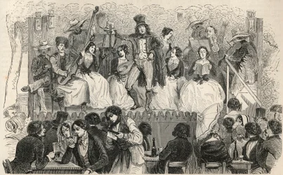 Champs-Elysees - Sänger vor dem Café Morel - Gravur in "Tableau-de-Paris" von Edmond Texier 1852