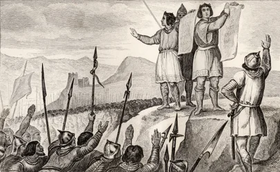 Karl II. der Kahle und sein Bruder Ludwig der Deutsche schließen 842 einen Vertrag in Straßburg, aus 