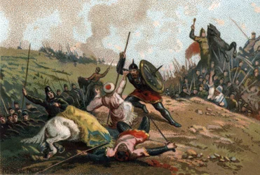 Karl Martell hielt die Invasion auf und tötete den Anführer der Armee Abd ar-Rahmans I. oder Abderamanes I. (Abd ar-Rahman) (731-788), den Anführer der Sarazenen. Chromolithografie um 1890.