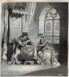 Karl VI. (1380-1422) und Odette de Champdivers - König Karl VI. von Frankreich, bekannt als Karl der Gute Aime, dann Karl der Verrückte (1368-1422) mit seiner Geliebten Odinette (Odette) de Champdivers (circa 1390-um 1425) beim Kartenspielen Gravur in „Par