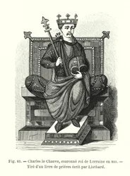 Karl der Kahle, 860 zum König von Lothringen gekrönt, aus einem Gebetbuch von Liuthard (Gravur)