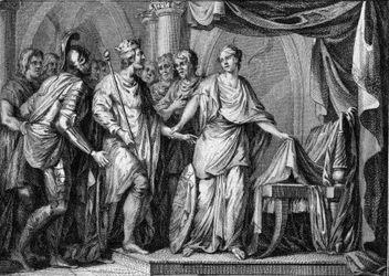 Childebert II. (570-596), König von Austrasien, übernahm nach dem Tod von Gontran I. im Jahr 592 das Königreich Burgund und Orleans. Gravur aus dem 18. Jahrhundert.