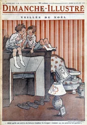 Kinder sitzen auf dem Schornstein und stellen dem Weihnachtsmann eine Falle, für die Weihnachtszeitung 1930 "Le Dimanche illustré" (Gravur)