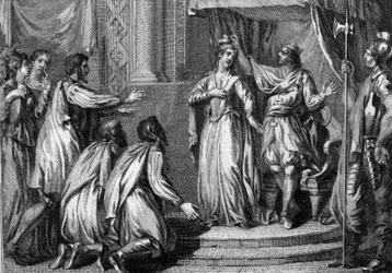 Chilperic I. (ca. 539-584), König von Neustrien, krönte seine Frau, Fredegonde (545-597), Königin des Königreichs, im Jahr 568. Gravur des 18. Jahrhunderts.