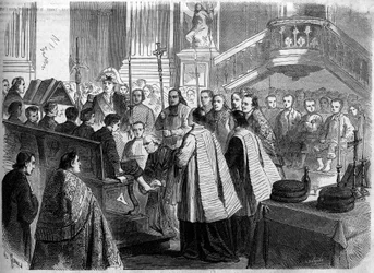 Christlicher Ritus - Gründonnerstag - 1860: die Fußwaschung in der Kirche Saint Sulpice in Paris. Gravur in „Le Monde Illustré“ Nr. 156 vom 7. April 1860.