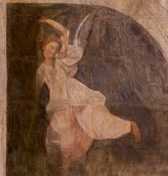 Kirche (Eglise Saint-Jean-Baptiste). Innenansicht. Kapelle Saint-Fursy. Wandmalereien. Die Verherrlichung Mariens (Fresko genannt der gute Tod). Anfang 17. Jahrhundert.