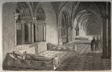 Kreuzgang von Fontevrault mit Statuen von Heinrich II. - Eleonore von Aquitanien - Gravur in „Histoire de France“ von Victor Duruy (1811-1894) - 1882