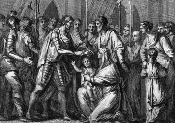 Chlothar II., genannt der Junge (584-628), König von Neustrien, gekrönt von seinem Onkel Gontran I. (ca. 545-592), König von Orleans und Burgund. Seine Mutter, Königin Fredegonde (ca. 545-597), hält ihn in ihren Armen. 584. Gravur aus dem 18. Jahrhundert.