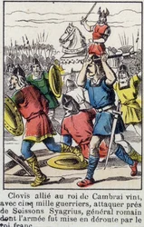 Clovis, verbündet mit dem König von Cambrai, kam mit 5000 Kriegern, um in der Nähe von Soissons Syagrius, den römischen General, anzugreifen, dessen Armee vom fränkischen König besiegt wurde.