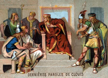 Die letzten Worte von Clovis: „Unglücklich bin ich! Ich bleibe wie ein Reisender unter Fremden und habe keine Eltern mehr, die mich unterstützen, wenn das Unglück kommt.“ Chromolithographie der Serie „Patriotische Erziehung durch Bild“