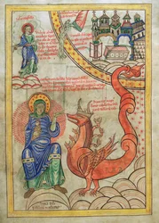 Die scharlachrote Frau, Mutter der Abscheulichkeiten, trifft das Tier der Apokalypse, aus Liber Floridus von Lambert de Saint-Omer, ca. 1120
