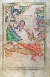 Der heilige Michael kämpft gegen den Drachen, aus Liber Floridus von Lambert de Saint-Omer, ca. 1120