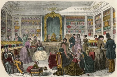 Konfiseriegeschäft in Paris im 19. Jahrhundert - Gravur in „Tableau-de-Paris“ von Edmond Texier 1852