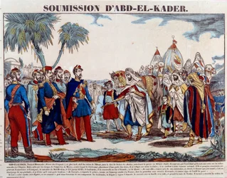 Eroberung Algeriens (1830-1847): die Unterwerfung von Abd el Kader (Abd-el-Kader oder ibn Muhyi al-Din al-Hasani) (1807-1883) vor dem Herzog von Aumale und der französischen Armee am 24.01.1848. Gravur des späten 19. Jahrhunderts Private Sammlung