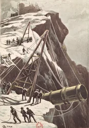 Bau einer Raketenabschusskanone, aus Von der Erde zum Mond von Jules Verne, veröffentlicht 1865
