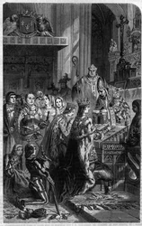 Krönung Kaiser Ottos I. (912-973) durch Papst Johannes XII. im Jahr 962. Stich in „Geschichte der Päpste, Könige, Königinnen und Kaiser im Laufe der Jahrhunderte“ von Maurice La Châtre.