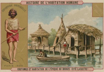 Kostüme und Pfahlbauten der Bronzezeit (Chromolithografie)