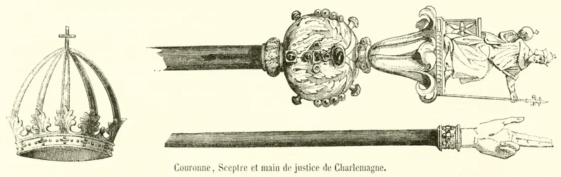 Krone, Zepter und Hand der Gerechtigkeit von Karl dem Großen (Gravur)