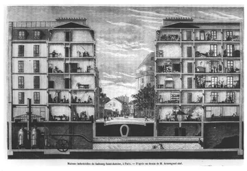 Querschnitt von Industriehäusern am Faubourg Saint-Antoine in Paris, Illustration aus Le Magasin Pittoresque, 1885