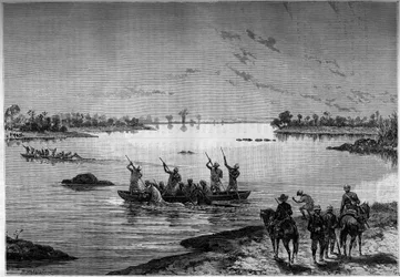 Überquerung des Niger mit dem Boot durch Missionare. Gravur im berühmten Journal „Youth“