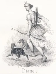 D Diana: Zwillingsschwester von Apollo. Im Himmel war sie Phebe oder Mond, beauftragt, die Erde zu erleuchten. In der Hölle war sie Hekate und präsidierte über die Urteile der Seelen. Auf der Erde war sie Diana, Göttin der Jagd