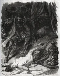 Tod der Françoise de Foix, Gräfin von Châteaubriant (ca. 1495-1537), ermordet von ihrem Ehemann Jean de Laval, Graf von Châteaubriant (Laval-Châteaubriant) (1486-1543), der sich damit für die Untreue seiner Frau rächte. Stich von 1871 in „Histoire des“