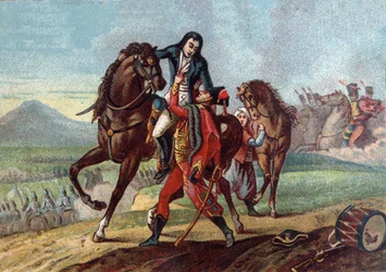 Tod von General Charles Antoine Desaix de Veygoux (1768-1800) in den Armen des Sohnes von Konsul Lebrun in der Schlacht von Marengo