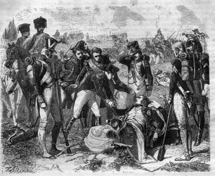 Tod von Marschall Jean Lannes (1769-1809), Marschall des Empire in Essling. Gravur in „Histoire des Papes-Rois-Queen and Empereurs à travers les siècles“ von Maurice Lachatre