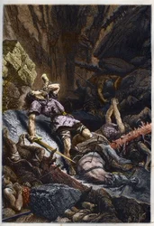 Der Tod des Ritters Roland, Neffe Karls des Großen, in der Schlacht von Roncesvalles (778), in der sich das Heer Karls des Großen und die Sarazenen gegenüberstanden - Rolands Tod in der Schlacht am Pass von Roncesvalles, 778 - Kupferstich aus „Die