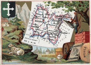 Département Ain (01), Rhône-Alpes, Frankreich. Lokale Spezialität: Viehzucht, Jagd, Wein, Schleifstein und Lithographie. Serie über die französischen Departements. Chromolithographie „der geografische Faden“, um 1920. Private Sammlung.