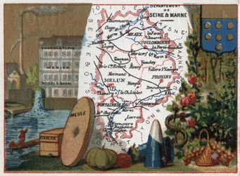 Département Seine-et-Marne (77), Île-de-France, Frankreich. Lokale Spezialität: Schokoladenfabrik Menier Chocolaterie in Noisiel-sur-Marne, Glaswaren, Mühlstein. Serie über die französischen Departements. Chromolithographie „der geografische Faden“, um 192