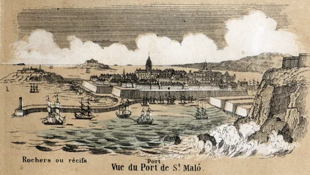 Beschreibung der verschiedenen Landschafts- und Reliefarten nach Geographie: Detail des Hafens von Saint Malo in der Bretagne. Tafel „Physische Geographie“ in „les Recreations instructives“ Synoptisches Gemälde von Jules Delbruck, Gravur von 1860. Private 