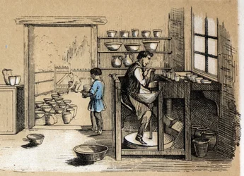 Beschreibung der verschiedenen Herstellungsstufen und Verwendungen von Ton: ein Töpfer bei der Arbeit. Tafel „Der Ton und seine Produkte“ in „les Recreations instructives“ Synoptisches Gemälde von Jules Delbruck, Gravur von 1860. Private Sammlung
