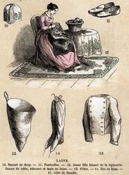 Beschreibung der verschiedenen Verwendungen und Produkte aus Schaf: Wandteppiche und Wollprodukte, Hut, Hausschuhe, Wollstrümpfe, Flanellweste. Tafel „Die Schafe“ in „Les Recreations instructives“, Synoptisches Gemälde von Jules Delbruck, Gravur von 1860. 