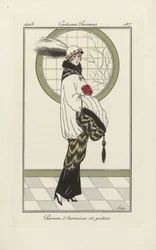 Entwurf für Hermelin- und Iltis-Ensemble, aus Costumes Parisien, veröffentlicht 1913 (Pochoir-Druck)