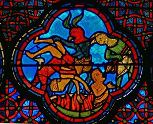 Detail eines Fensters, das das Gleichnis von Lazarus und Dives darstellt: der reiche Mann in der Hölle (Detail)