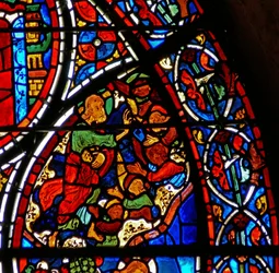 Detail eines Fensters, das das Gleichnis vom barmherzigen Samariter darstellt: Gott erschafft die Engel (Detail)