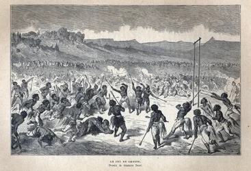 Entdecktes Kanada: Sport. Das Lacrosse-Spiel der amerikanischen Indianer. Zeichnung von Gustave Doré. Gravur aus dem späten 19. Jahrhundert in „La nouvelle France“ von Eugene Guenin