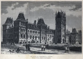 Entdeckung Kanadas: Das Parlamentsgebäude in Ottawa. Zeichnung von Deroy nach einer Fotografie. Gravur aus dem späten 19. Jahrhundert in La Nouvelle France von Eugene Guenin