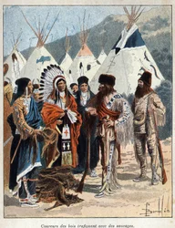 Entdeckung Kanadas: Die Coureurs de Bois, beteiligt am Pelzhandel mit den Indianern Amerikas, handeln mit Tierfellen im 17. Jahrhundert. Gravur aus dem späten 19. Jahrhundert in La Nouvelle France von Eugene Guenin