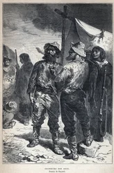 Entdeckung Kanadas: Coureur des Bois (beteiligt am Pelzhandel mit den Ureinwohnern). Zeichnung von Bayard. Gravur aus dem späten 19. Jahrhundert in La Nouvelle France von Eugene Guenin