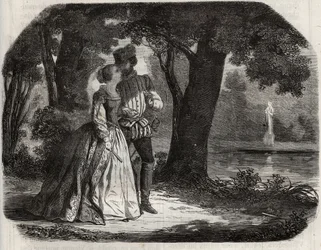 Don Juan diskutierte mit Anna von Österreich (1549-1580) über seine mögliche Verbindung mit Prinz Don Carlos (1545-1568), Sohn von König Philipp II. von Spanien (1527-1598). Gravur von 1871 in „Histoire Des Cocus Celebres“ von Henry de Kock (1819-1892)