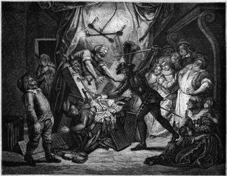 Don Quijote kämpft gegen die Marionetten, die er für Mauren hält. Stich von V. Beauce nach dem Gemälde von Charles Antoine Coypel (1694-1752), der den Roman von Cervantes (1547-1616) illustriert. In „Le Magasin pittoresque“