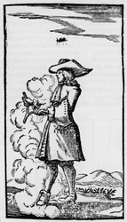 Rutengänger mit ablenkender Wünschelrute - Rhabdomantie - Erklärung der Rute in „La Physique occulte, ou Traité de la baguette divinatoire“ - Paris 1693 von Abbe de Vallemont (Pierre Le Lorrain) Physiker, Numismatiker und französischer Literat des 17. Jahr