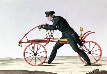 Draisine, Vorläuferin des Fahrrads, 1816 von Baron Karl von Drais (1785-1851) erfunden, 1820
